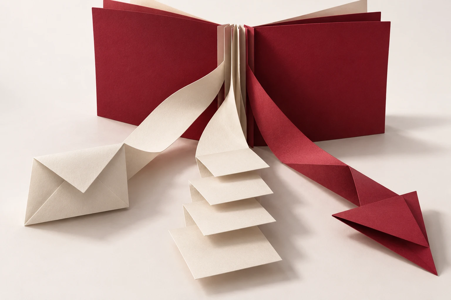 Paper ribbons, an envelope and document sheets joining one open folio